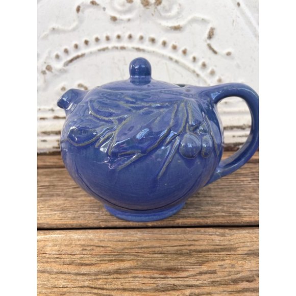 Antique 1930s Blue Glaze stoneware pottery Small Teapot Cherry Leaves - Picture 9 of 13